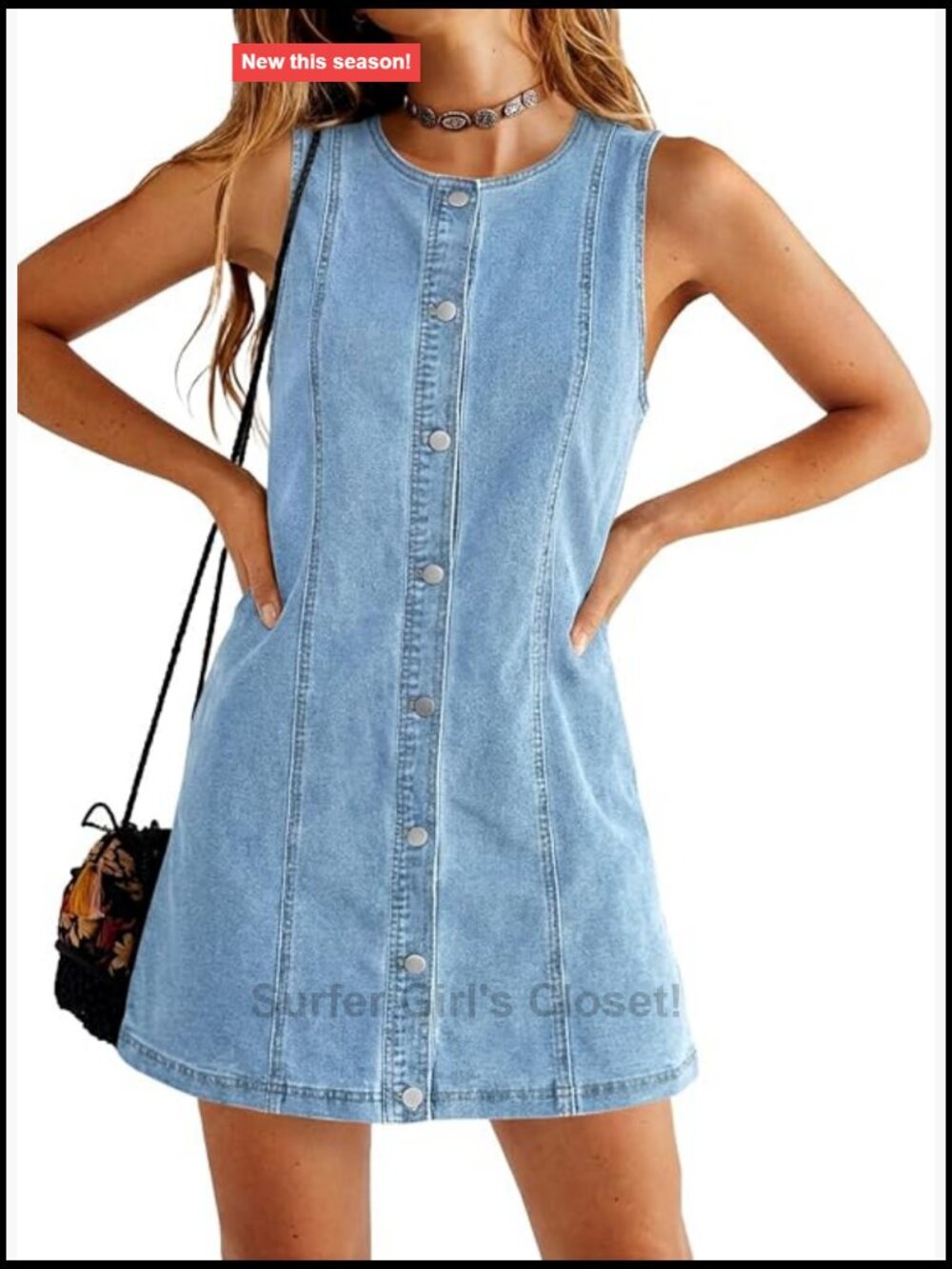 Sleeveless Mini Denim Dress Summer Casual A-Line Jean Dress with Pockets